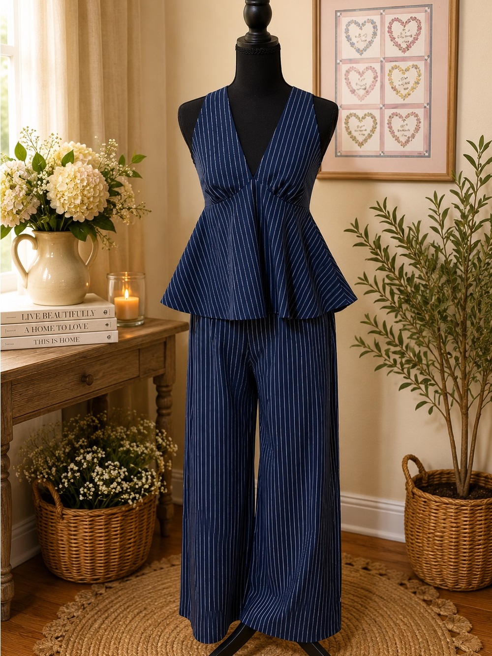 Navy Pinstripe Sleeveless Peplum Jumpsuit